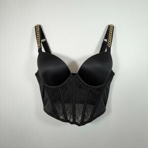 Victorias Secret Black Lace Very Sexy Push Up Corset Gold Chain Straps Women 32A